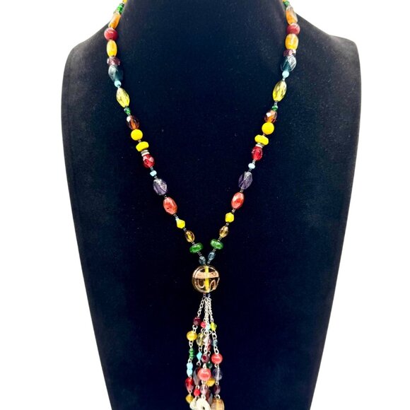 Southwestern Boho Multi Color Glass Beads and Faux Coins Tassel Necklace - Picture 1 of 6